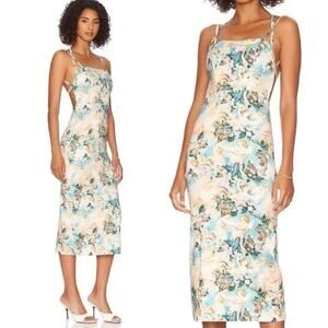LPA Angelica Midi Dress Blue Cherub Print Open Back Bodycon Lined Fairy Y2K Glam
